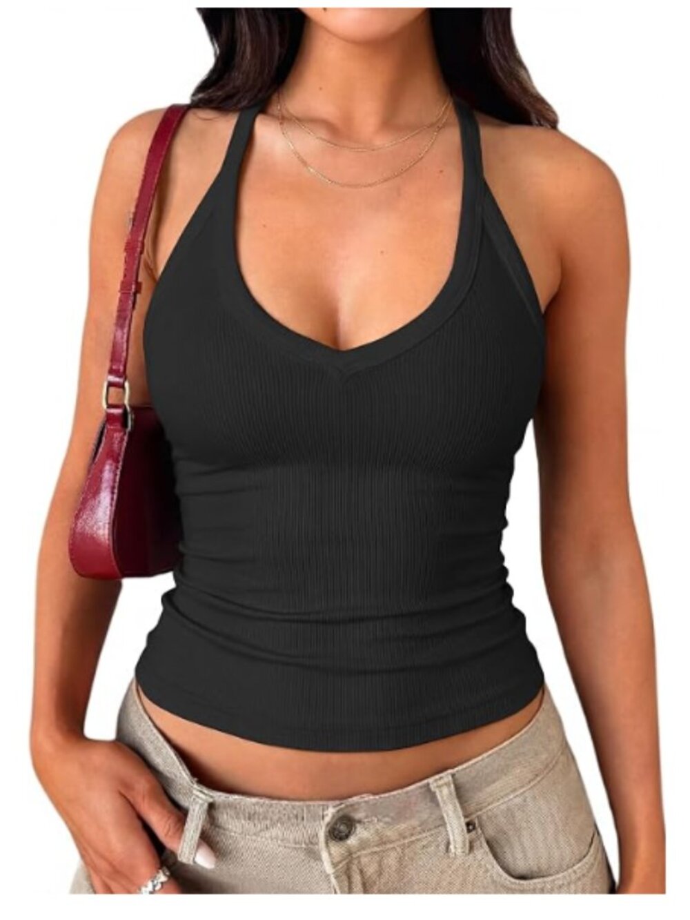 Women V-Neck Ribbed Racerback Cami Slim Fit Tank Top Size Large NIP